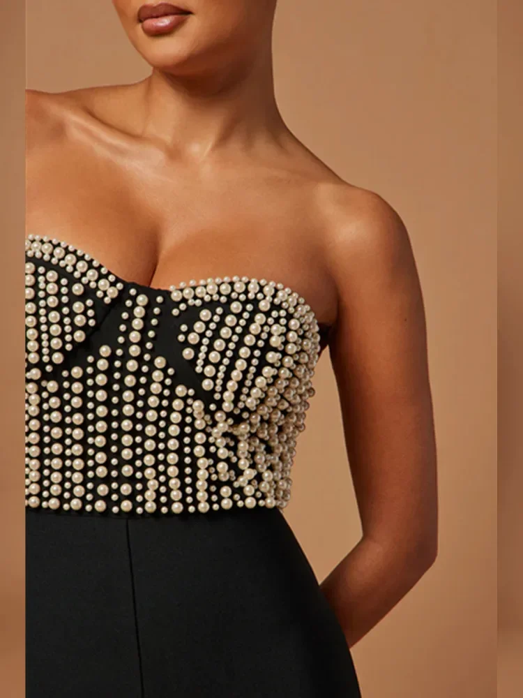 2025 Celebrity Women Luxury Sexy Strapless Pearl Black Bodycon Bandage Jumpsuit Celebrity Designer High Street Rompers
