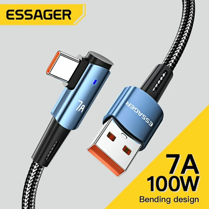 Essager 7A USB C Cable 90 Degree USB Type C Cable For OPPO 100W Fast Charing Cord For Honor Huawei P40 Oneplus Realme Data Cord