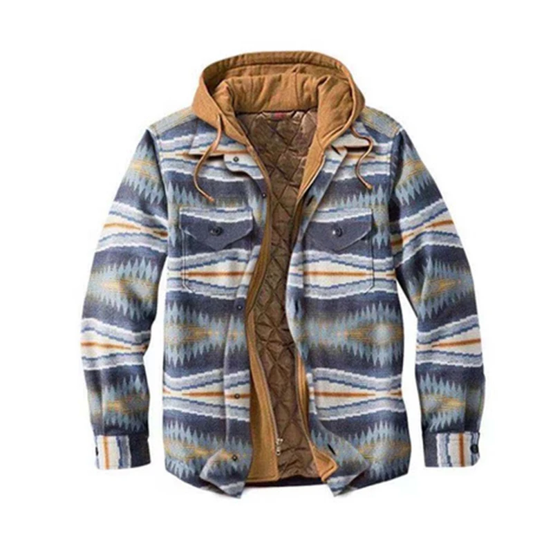 Mens Warm Quilted Lined Cotton Jackets With Hood Button Down Zipper Long Sleeve Plaid Jackets