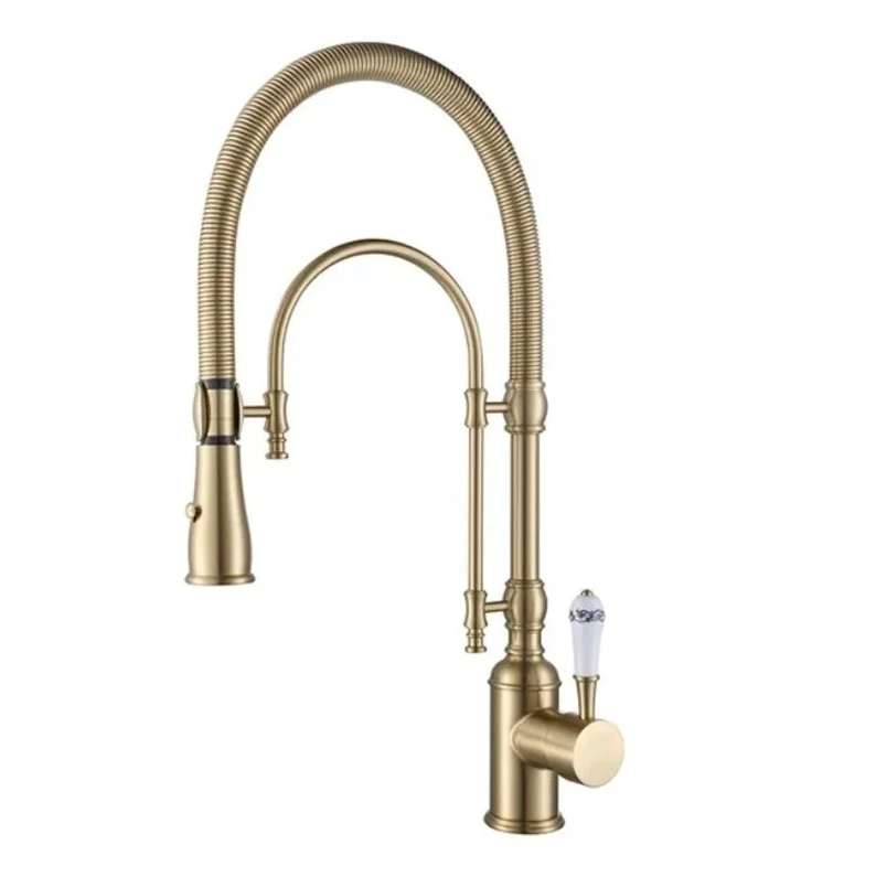 Brushed gold pull-out kitchen faucet, gold kitchen sink