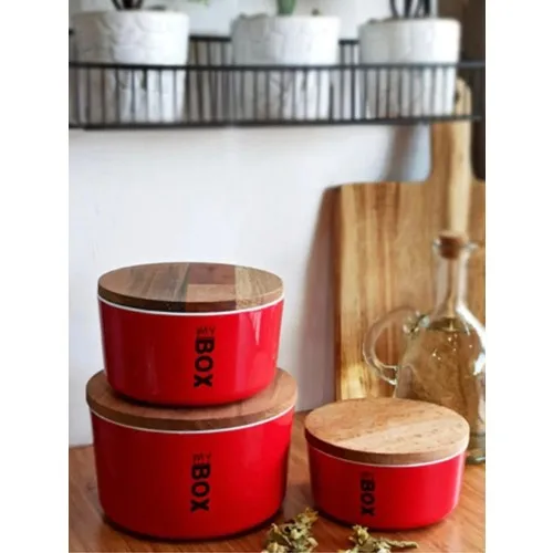 Object 3'lü With Wooden Lid Mica Storage Container Set Red