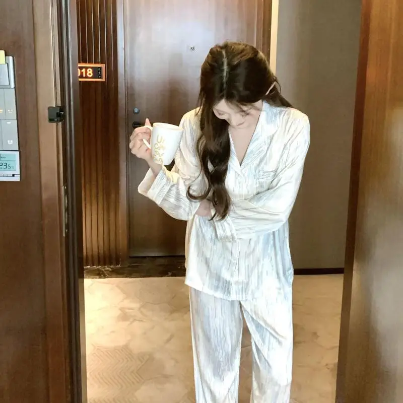 Women Satin Pajama Set Stripe Texture Lapel Long Sleeve Top and Long Pants Casual Wearable Home Loungewear Sleepwear
