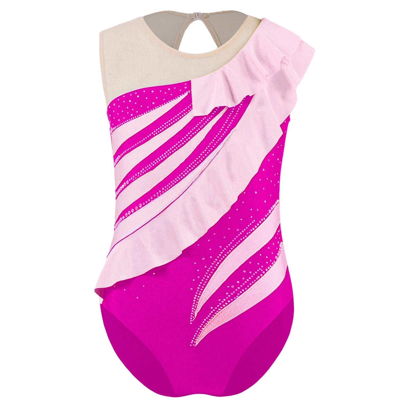 Kids Girls Dance Gymnastics Jumpsuit Performance Leotard Sleeveless Contrast Color Patchwork Ruffles Shiny Rhinestones Bodysuit