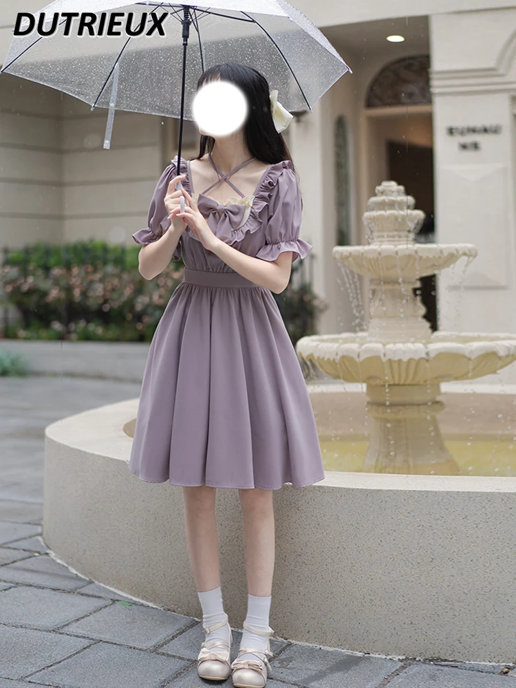 

Fashion Long /short Slevee Dress Female Spring Summer Bow Solid Color Simple Waist Princess Casual Dresses for Women 2024 New