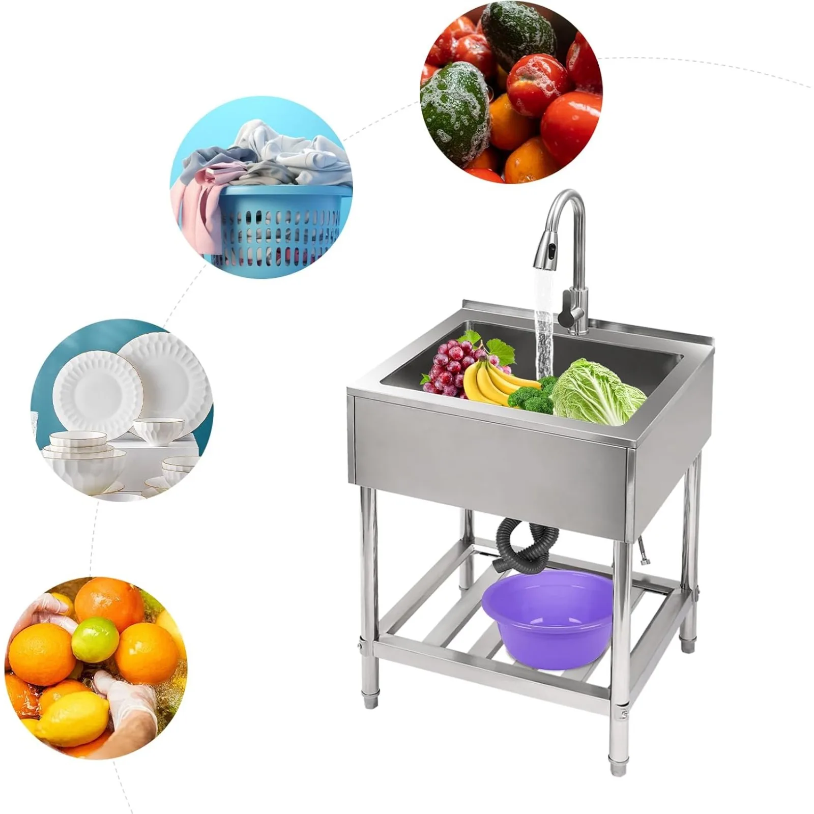 

Freestanding Stainless-Steel Single Bowl Laundry Sink,Restaurant Kitchen Sink Set w/ Faucet,Prep & Utility Washing Hand Basin