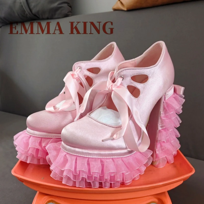 

Pink Sweet Lolita Pumps Women's Round Toe Mary Jane Shoes Sweety Girls Chunky Heel Platform Wedding Shoes Satin High Heels Pumps