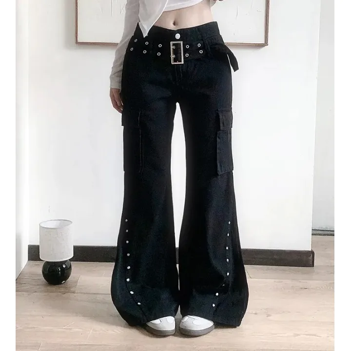 

Расклешенные джинсы с низкой талией, женские шикарные осенне-зимние винтажные повседневные уличные утягивающие джинсы с заклепками, длинные брюки