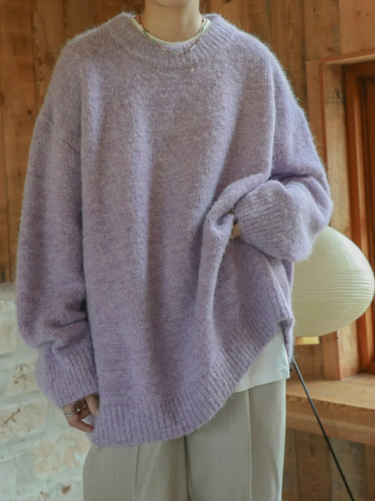 

Loose Knitted Purple Sweater Autumn Winter Sle Japanese Retro Lazy Ne round Woolen Top Youthful Vitali Long Sve Over...