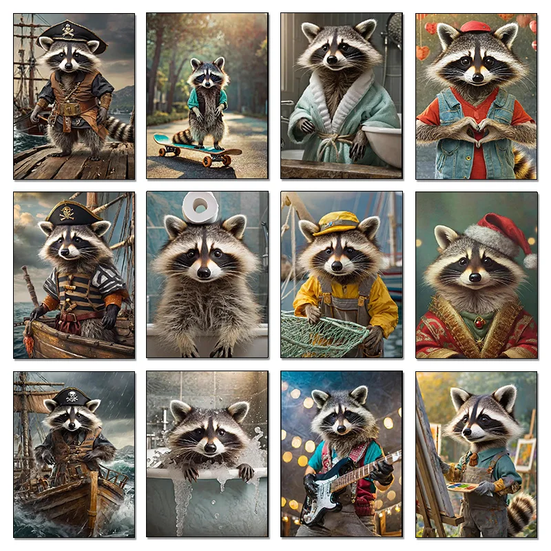 Raccoon On Suit Bathroom Pirate Vintage Animal Portraits Poster Print Wall Art Pictures Canvas Painting Room Home Decor Gift