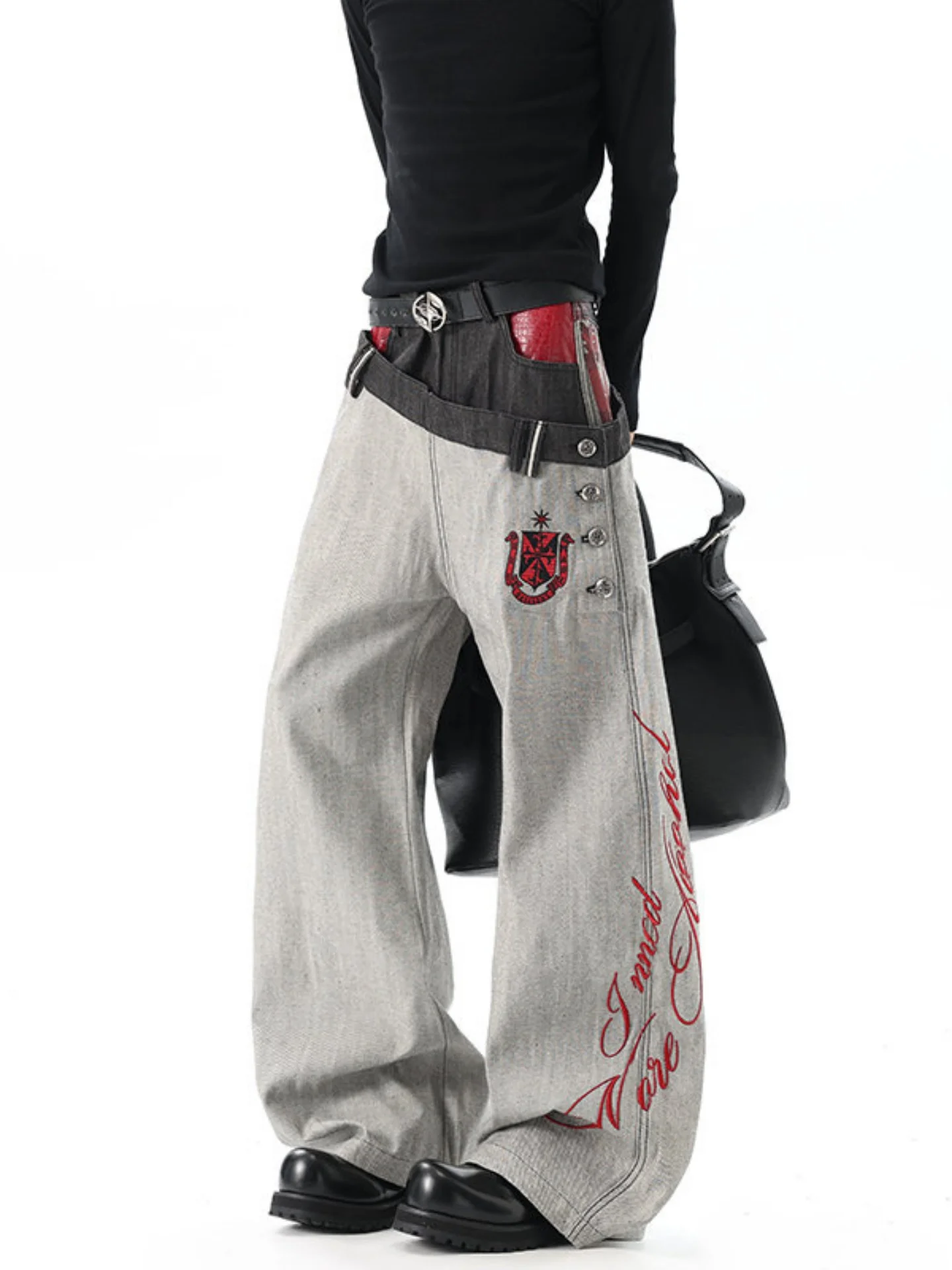 Retro American Patchwork Embroidered Wide Leg Men's Streetwear Distressed Color Block Double Waist Y2K Small Denim Jeans