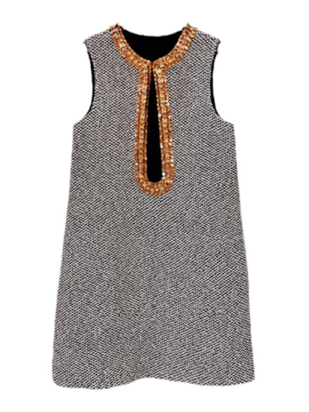 Autumn Winter New Short Dress Women Beads Rhinestones Knitted Dress High-End Round Neck Sleeveless Elegant Party A- Line Dress