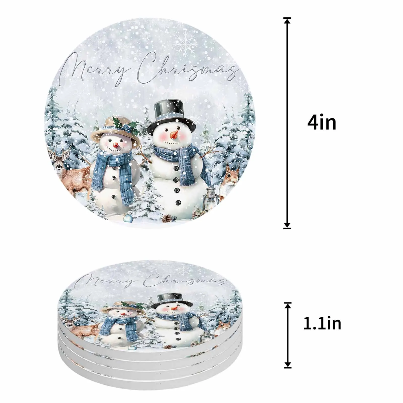 Snowman Christmas Tree Elk Squirrel Ceramic Coaster Set Kitchen Table Round Placemat Luxury Decor Coffee Tea Cup Coasters