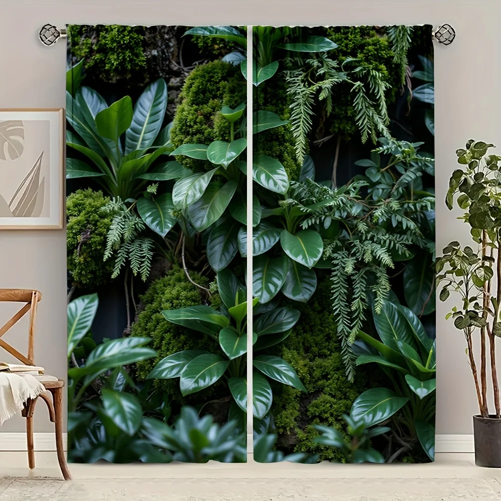 2pcs Natural Green Forest Print Curtains - Machine Washable Polyester, Semi-Transparent with Vibrant Moss & Foliage Design for B