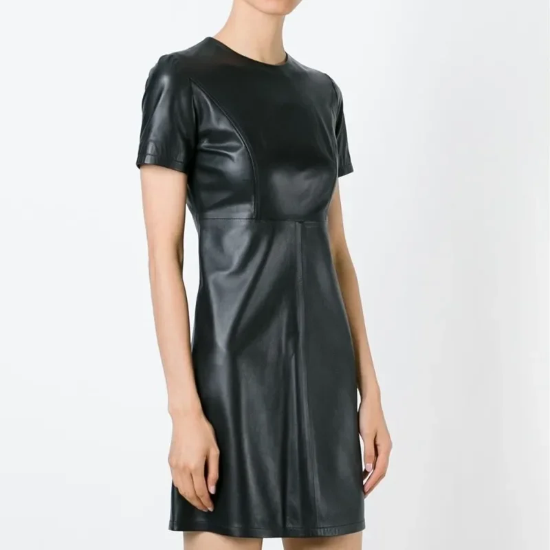 Black Leather Dress Genuine Lambskin Women Fashion Short Dress