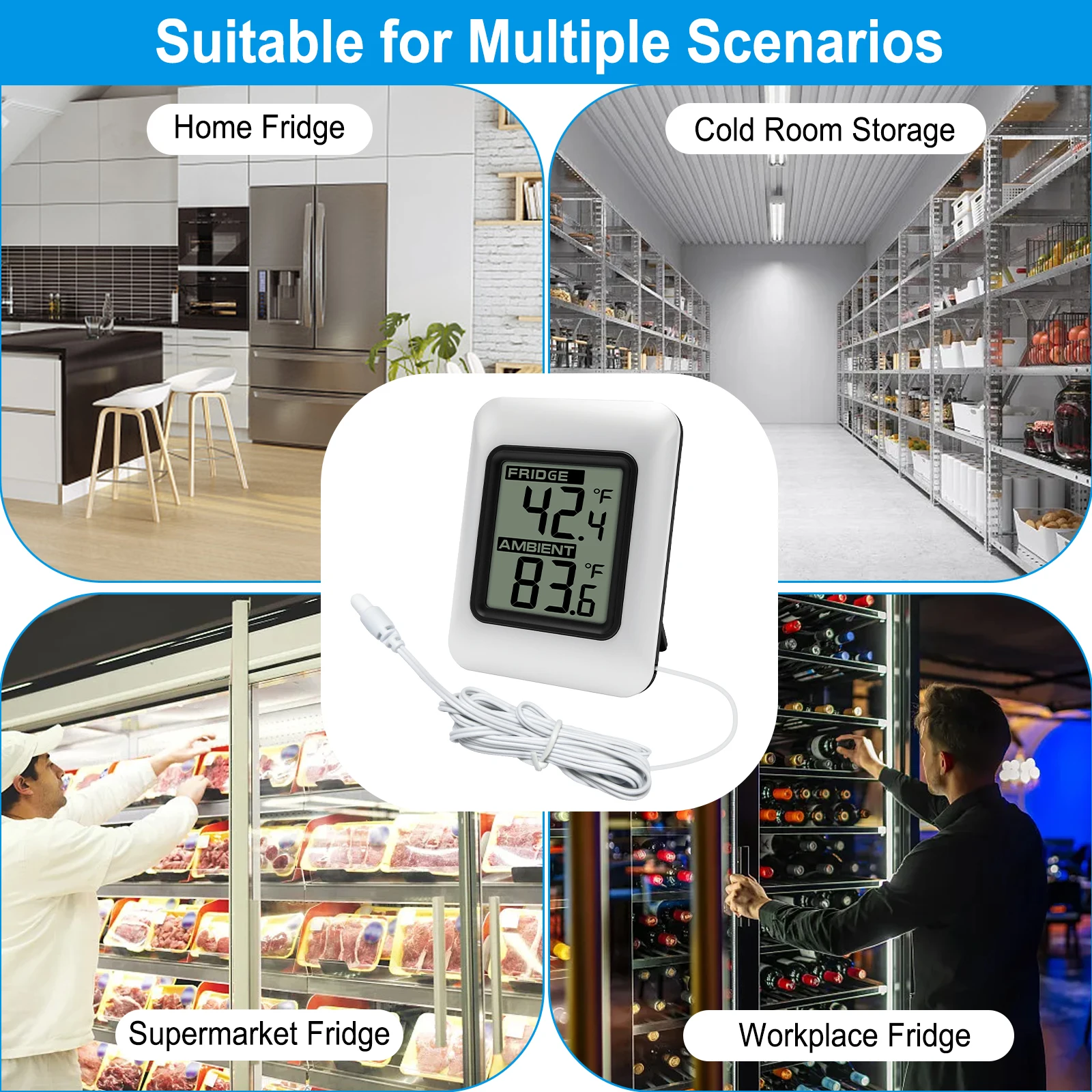 Digital Thermometer with Large LCD Display High Accuracy Wired Probe Real-Time Fridge Monitoring Fast Refresh​ for Home
