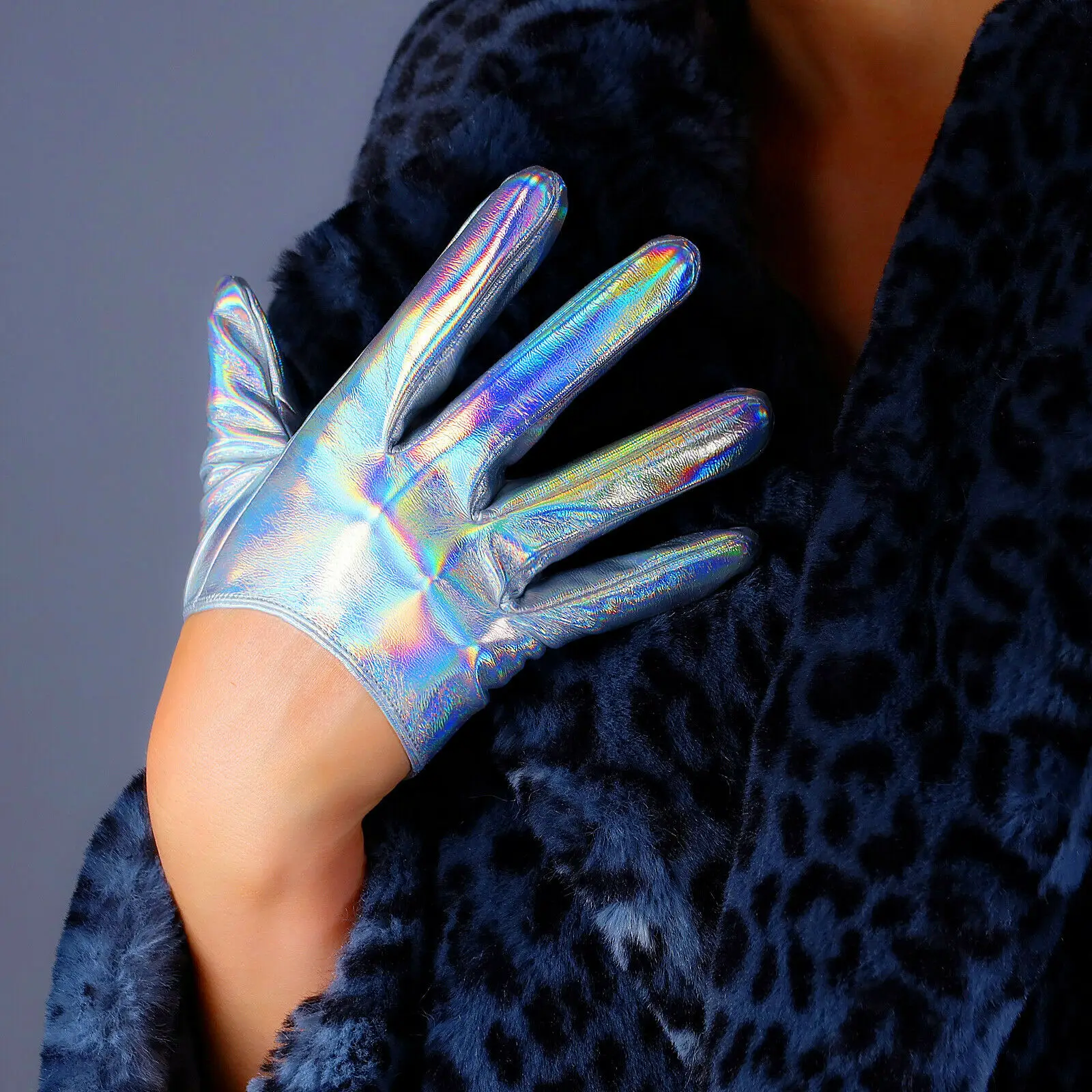 

Hologram Silver LATEX GLOVES Faux Patent Leather 6" 16cm Extra Short Mermaid Fashion Nightclub Halloween Cosplay Custome Glove