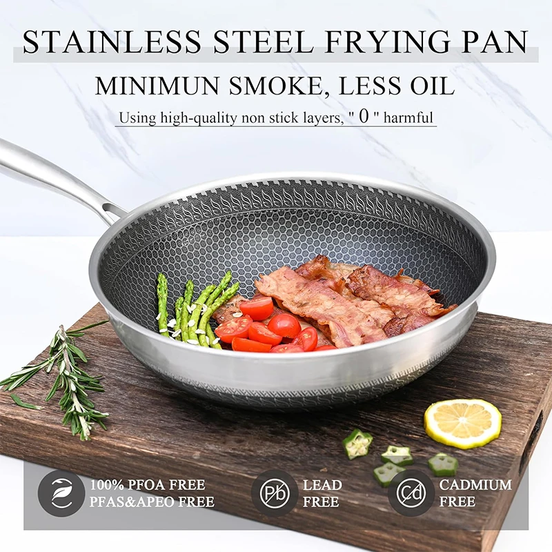 316 Stainless Steel Wok Pan Nonstick Honeycomb Wok Pan Large Deep Stir Frying Pan Skillet With Handle Induction Compatible JT560