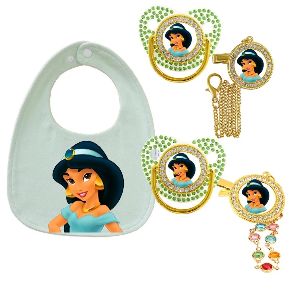 

Baby Bib and Pacifier Set Princess Cartoon Character Teething Soother with Clip Newborn Feeding Burp Cloth Gift for Girl