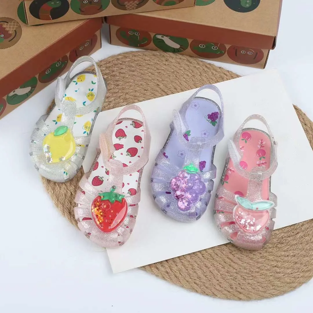 2024 Hot High Quality Children's Jelly Shoes Baby Hollow Summer Sandals Cute Fruit Strawberry Soft Sole Roma Sandals HMI092