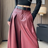 MEXZT, pantalones de pierna ancha de cuero Pu negro, ropa de calle para mujer, pantalones holgados de traje rojo, pantalones rectos informales coreanos Harajuku de invierno