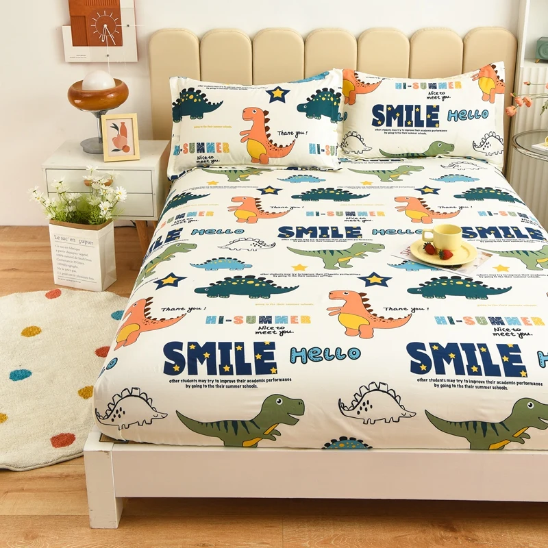 Cartoon Dinosaur Fitted Sheet Home Bed Cover 100% Cotton All-Season Mattress Cover with Elastic Band Bedding for Boys Kids Teens