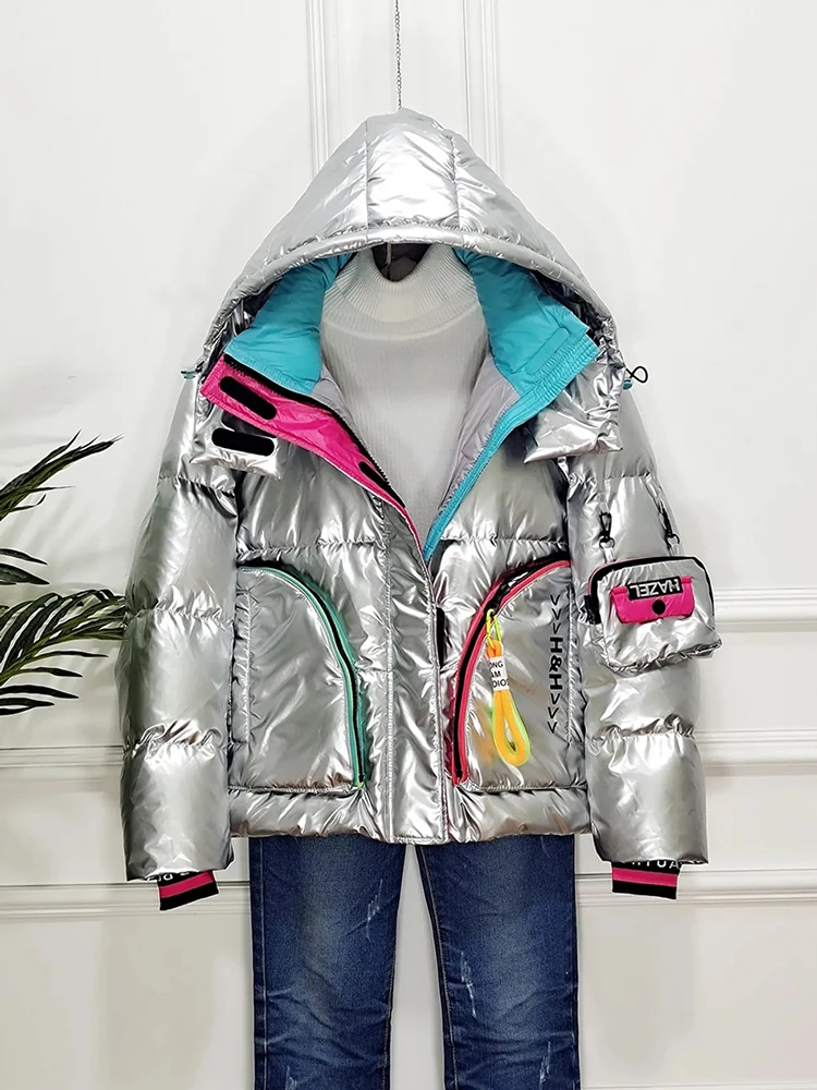2024 Winter Women White Duck Down Jacket Glossy Loose Hooded Jacket Thick Parka Female Warm Jacket Waterproof Snow Coat Outwear