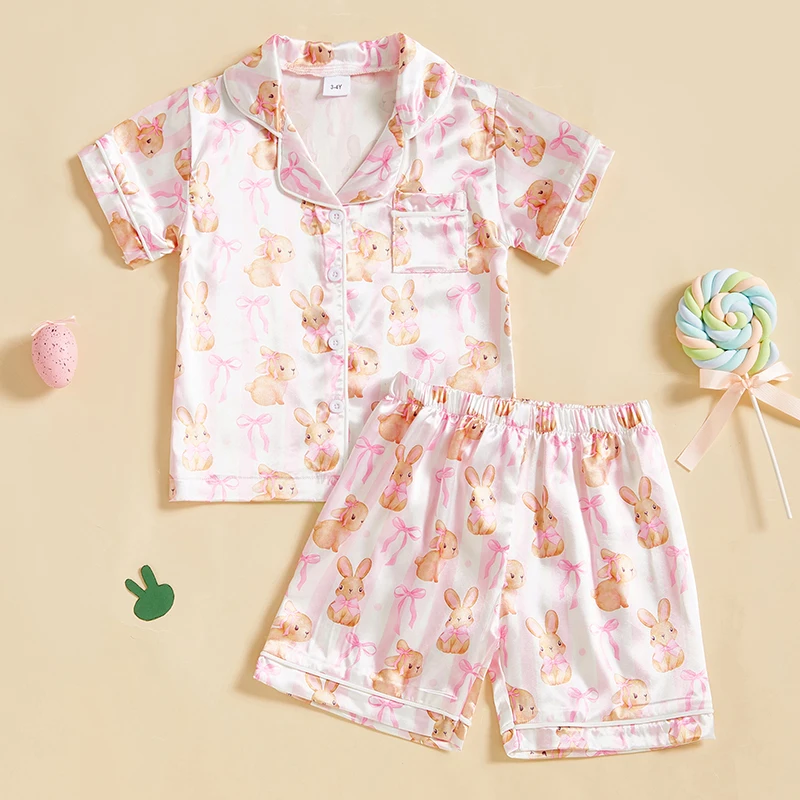 Little Girl Easter Satin Pajama Set Rabbit Print Short Sleeve Button-up Tops Elastic Waist Shorts Summer 2 Pieces Sleepwear