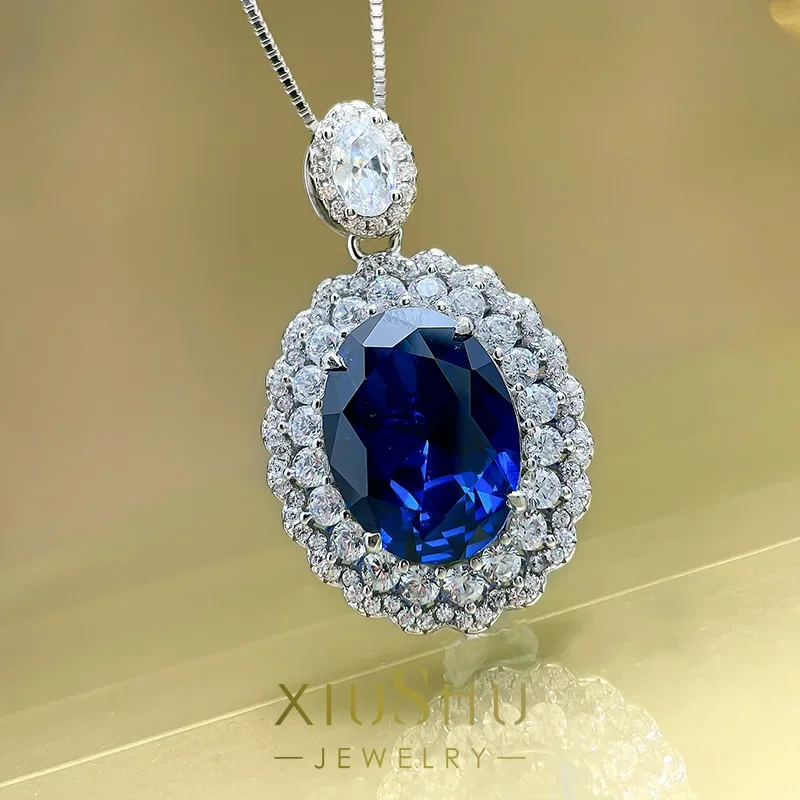 100% 925 Sterling Silver Necklace for Women's Retro High Grade Colorful Treasure Pendant Red and Blue Treasure Wedding Jewelry