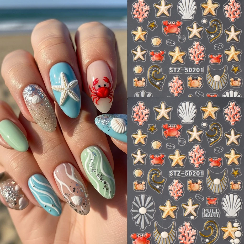 Sommer Unterwasserwelt Unterwasserleben Themen-Nagelkunst-Aufkleber - Realistische Seestern-, Korallen- & Delfin-Designs 5D Nagelsticker