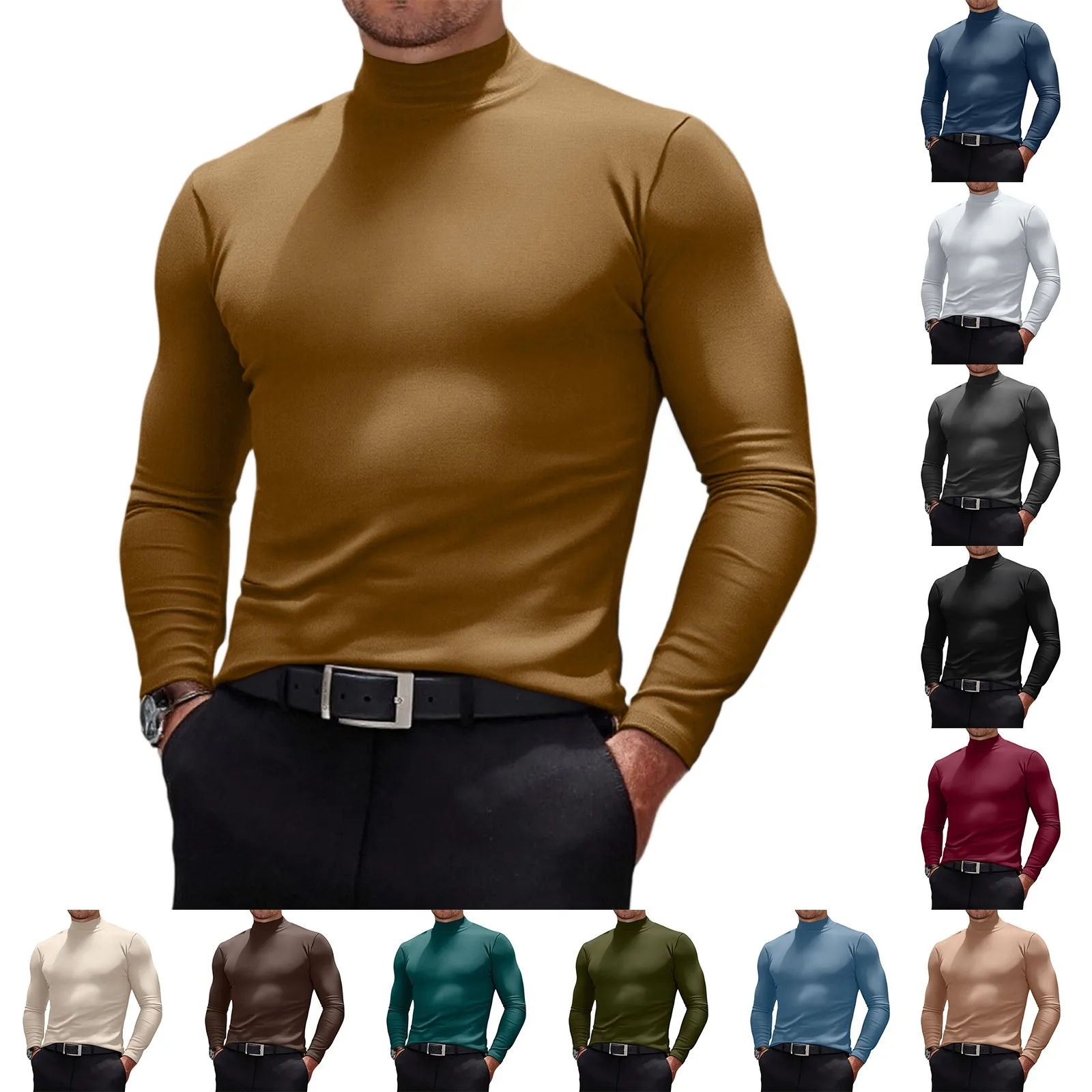 ‌Mens Casual Slim Fit Basic Tops Lightweight Turtleneck Pullover Shirt 2025 Trend Breathable Soft Cotton Streetwear Autumn