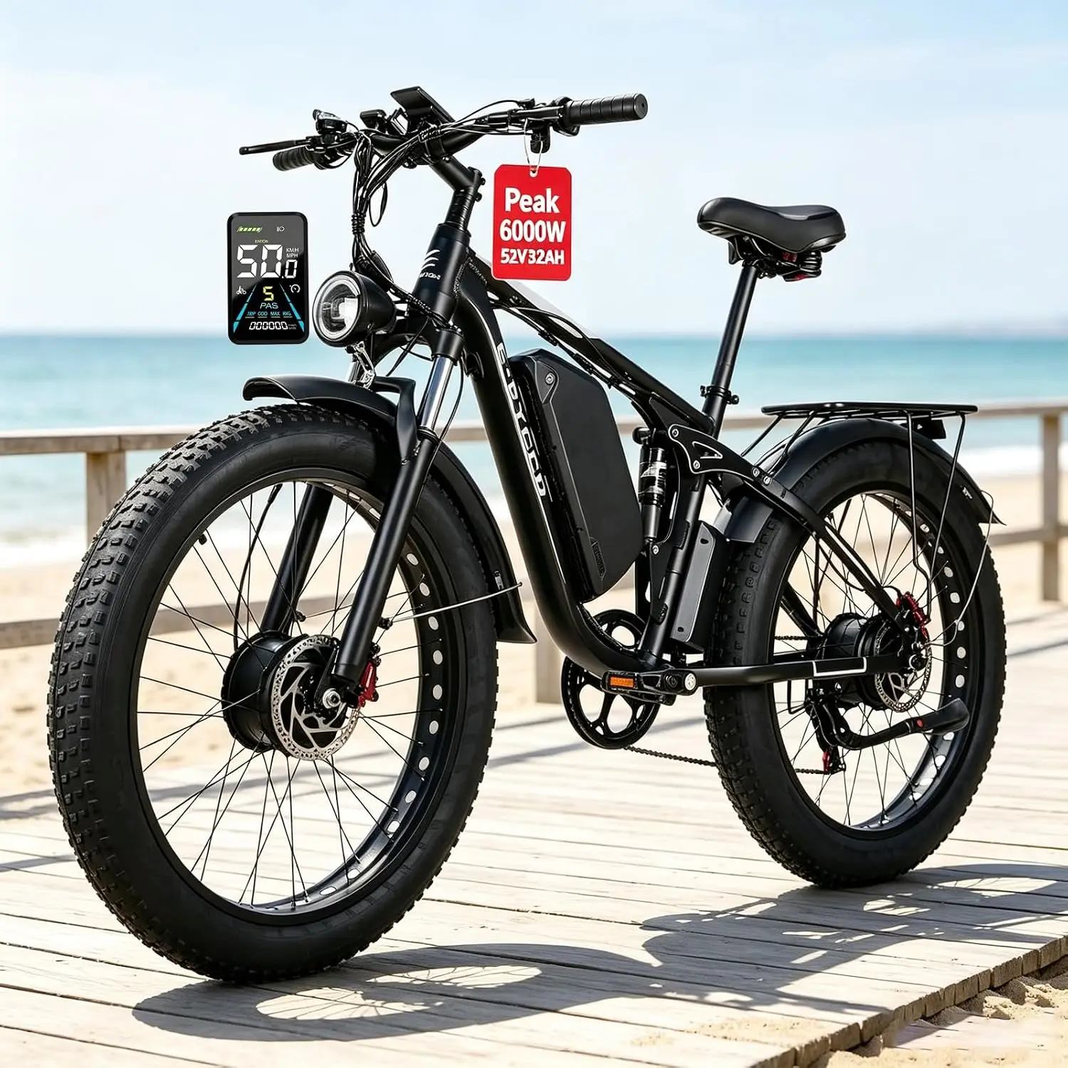 6000W Dual Motor Electric Bike 52V 32Ah 45MPH 110 Mile Range Fat Tire Full Suspension All Terrain Hunting E-Bike, Customized