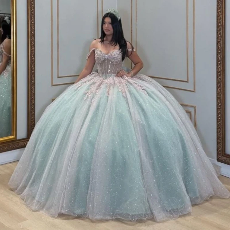 

Aqua Blue Shiny Quinceanera Dresses Off The Shoulder Applique Beading Crystal Bow Tull Party Birthday Sweet 16 Dress Vestidos De
