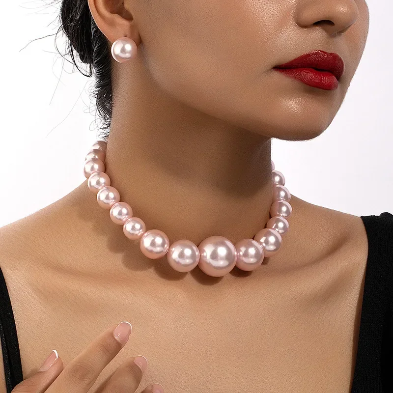 Imitation Pearl Necklace Earring Set For Women Stud Vintage Geometric Clavicle Chain Party Holiday Gift Fashion Jewelry DS004