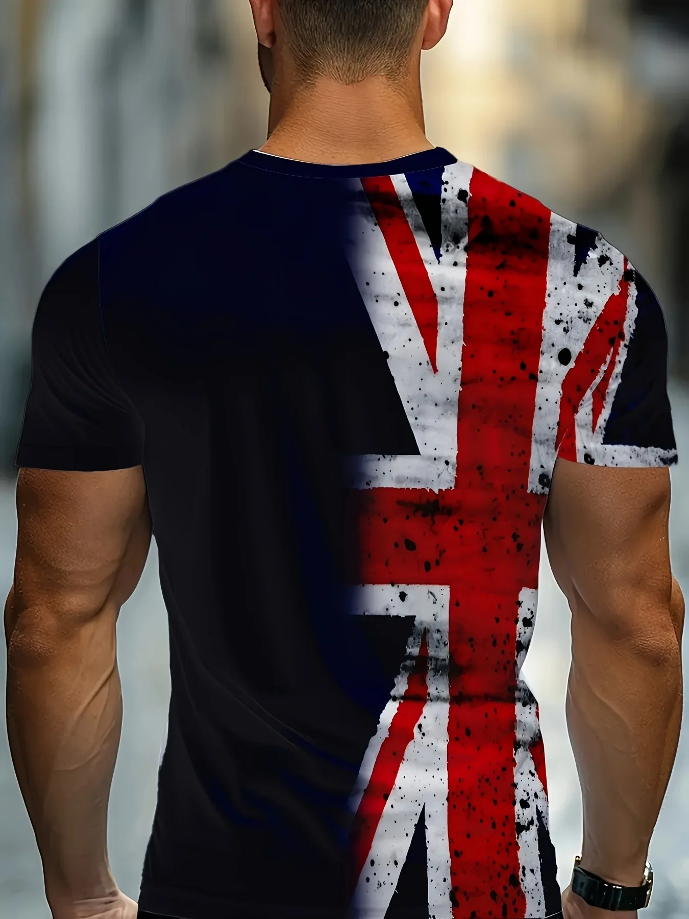 تي شيرت رجالي برسومات Union Jack الوطنية - تصميم "Keep Calm Carry On" باللون الأزرق الداكن مع طباعة كاجوال بأكمام قصيرة باللونين الأحمر والأبيض