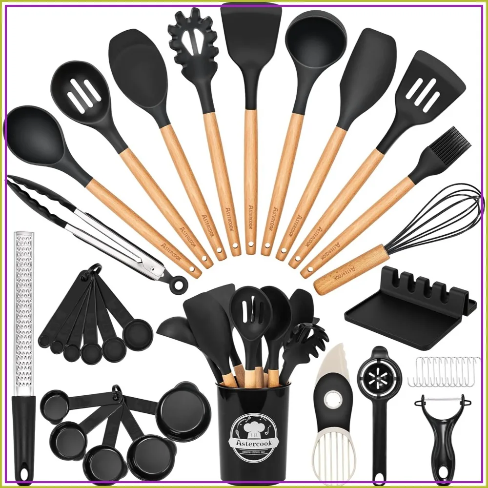 

39 PCS Kitchen Utensils Set, Silicone Cooking Utensils with Wooden Handle, 446°F Heat Resistant Food Grade Spatula Set, BPA Free Kitchen Gadgets for Nonstick Cookware