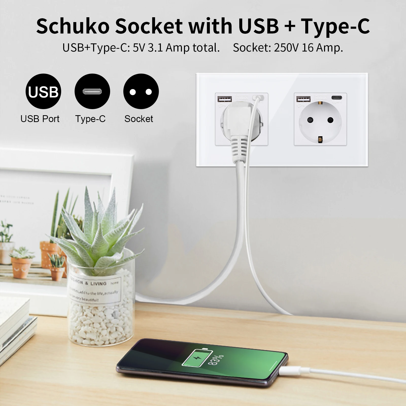 Bingoelec EU Wall Socket with USB Type-c Interfaces Touch Light Switches Glass Panel Blue Backlight Touch Off/on Switch