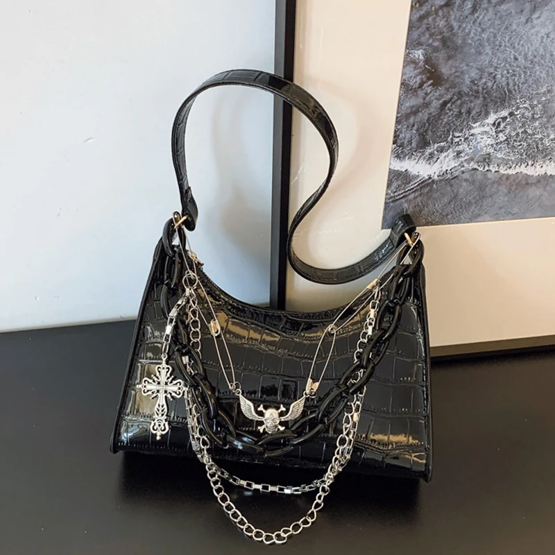 

Женская сумка, трендовые готические сумки с цепочками в виде черепа, женские сумки на плечо в стиле панк с крестом