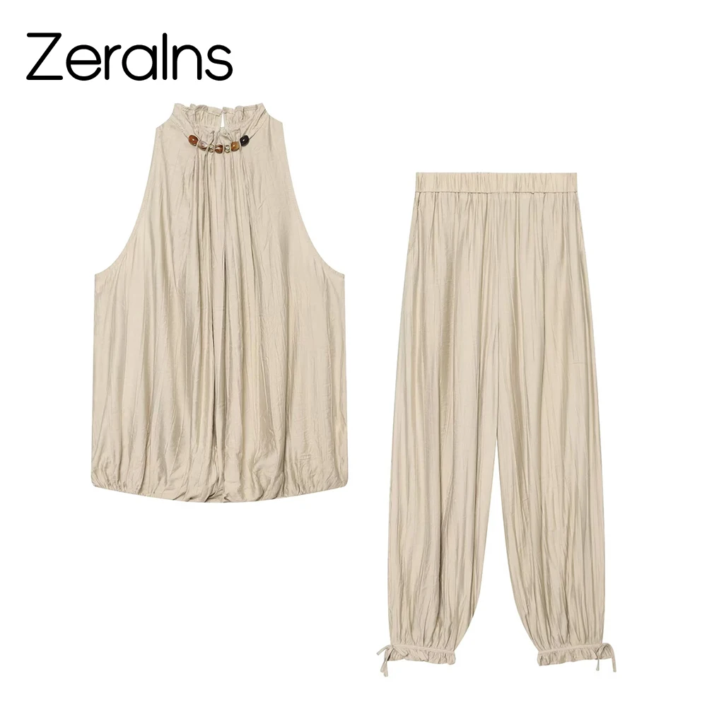 ZERAINS Summer women's sleeveless beaded layered decoration hanging neck collar top mid waist elastic waist lantern pants set
