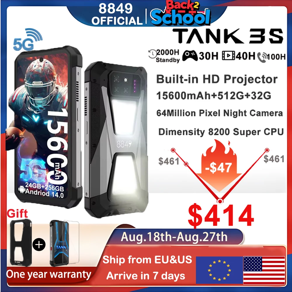 8849 Tank 3S Unihertz Rugged Smartphone with Projector 5G 12/16GB RAM 256/512GB ROM Dimensity 8200 64MP Night Vision Dual Sim
