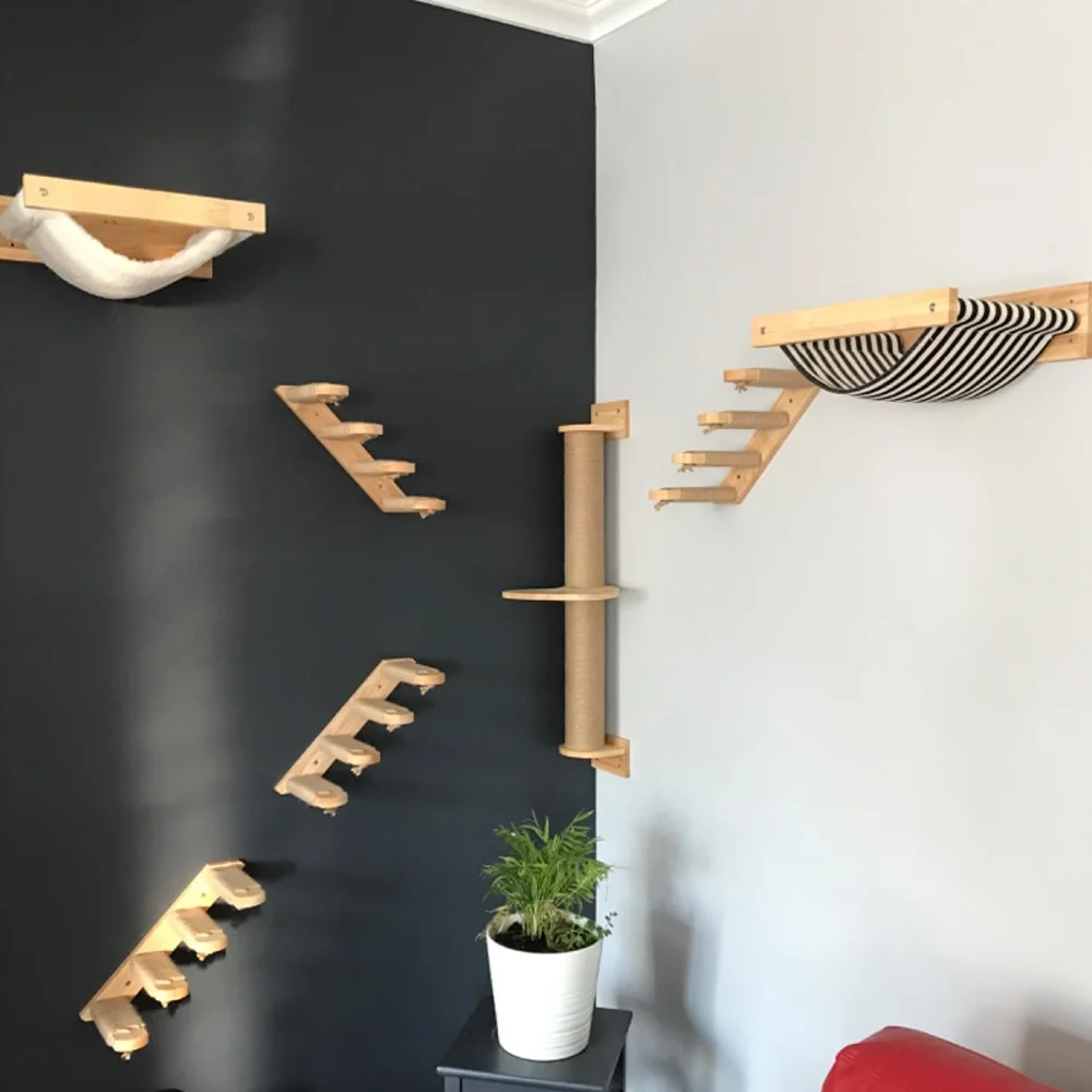 

Cat Wall Shelves and Perches Pet Furniture Cat Climbing Ladder and Platform with Hammock for Kitten Playing and Sleeping