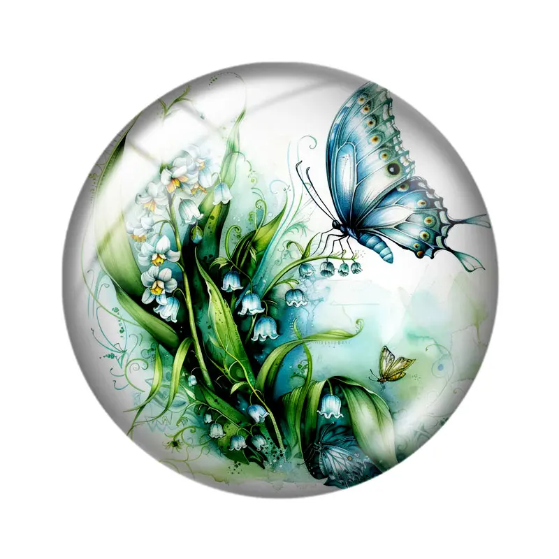 Lily of the Valley Butterfly 10pcs 12mm/18mm/20mm/25mm Round Photo Glass Cabochon Demo Flat Back Making Findings
