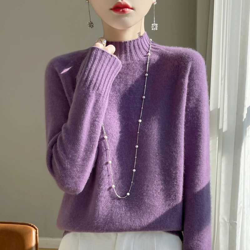 

Half high neck wool sweater for women's autumn and winter new collection, 100% wool knitted sweater, warm pullover shirt