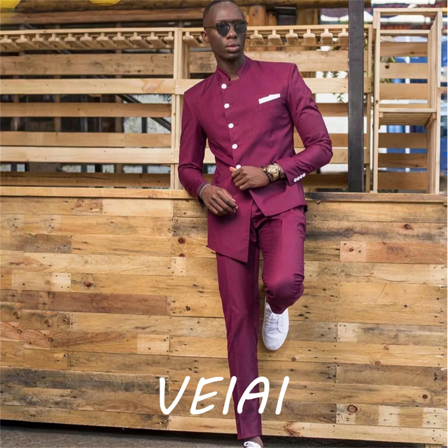 

Мужской костюм по индивидуальному заказу, пальто, брюки, модный китайский ретро-стиль, свадебный костюм жениха с воротником-стойкой, классическое мужское платье, бордовая куртка Trou