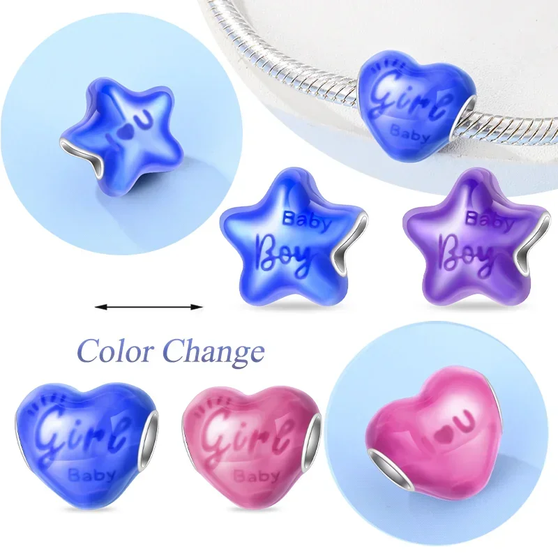 New 925 Silver Boy & Girl Baby Charms Temperature Color Changing Beads Fits Original Bracelet for Women DIY Fine Jewelry Gifts