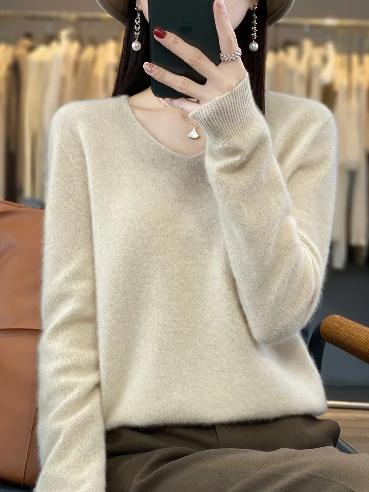 Autumn Winter Women\'s Sweater Pullover 100% Merino Wool Knitwear V-neck Basic Casual Soft Solid Cashmere Fashion Clothing Tops