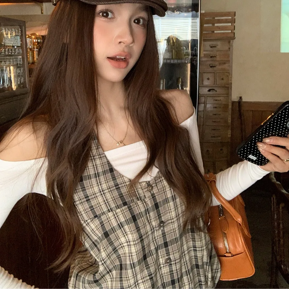 Atasan Retro Plaid Svel Ne dengan Tali Selempang Satu Bahu Bordir, Set Rompi Dasar Pelangsing Musim Gugur 2025 Faion Wanita...