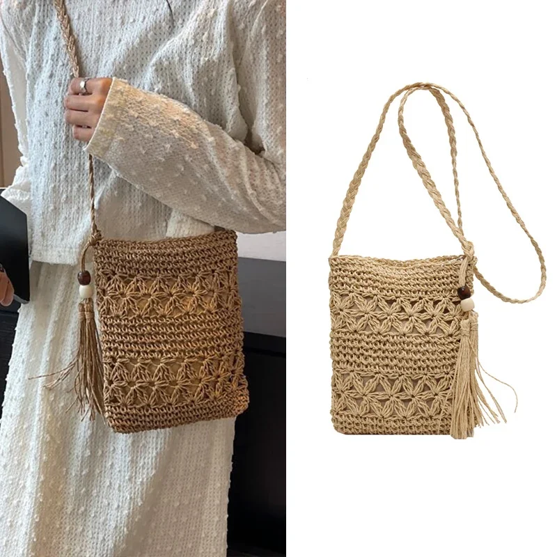 

Women Beach Woven Straw Shoulder Messenger Bag with Tassel Boho Hollow Out Crochet Crossbody Handbag Macrame Clutch Purse Wallet