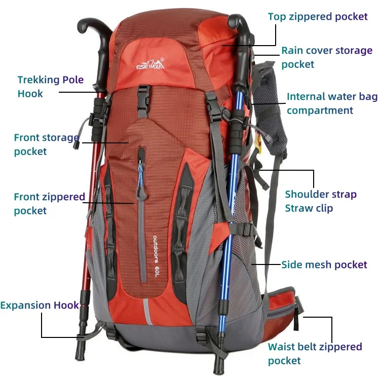 Borsa da campeggio zaino da trekking impermeabile da 60 litri zaino di grande capacità borse da viaggio con cappuccio antipioggia ultraleggero borsa