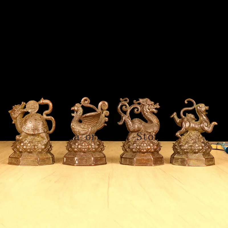Antique-style brass ornaments depicting the Four Divine Beasts: Azure Dragon, White Tiger, Vermilion Bird, and Black Tortoise, a