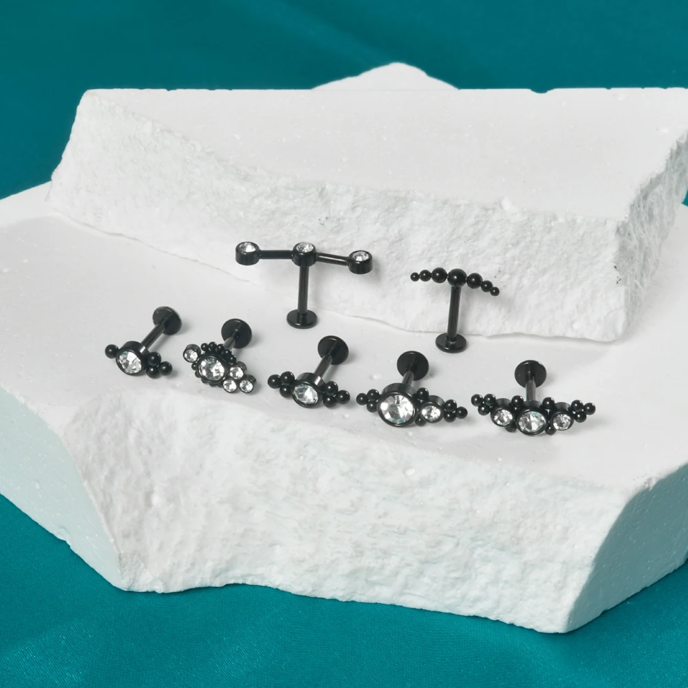 1PC Surgical Steel Black Plated Labret Crystal Cluster Helix Tragus Cartilage Flat Base Ear Studs Piercing Jewelry 16G
